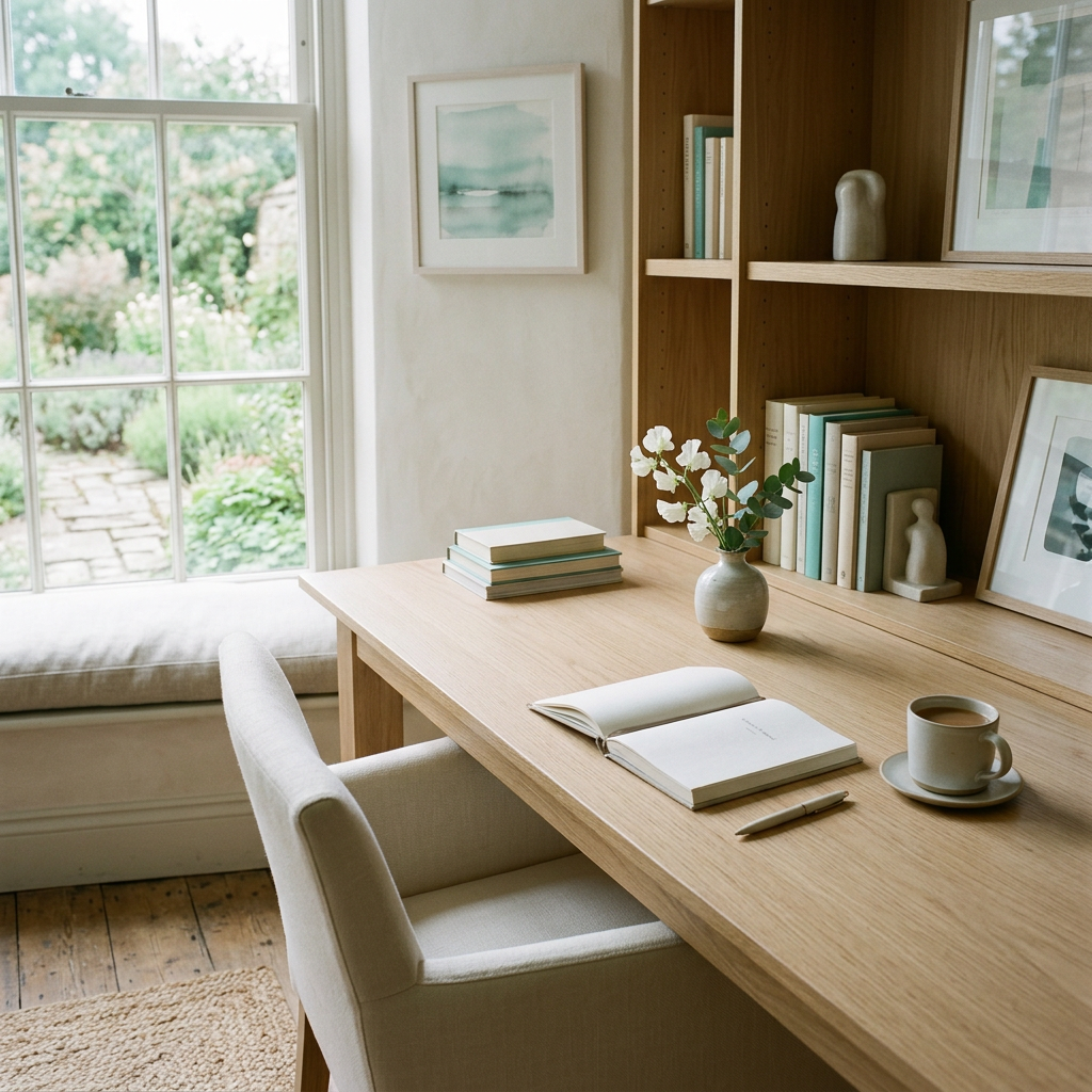 Bright home office with wooden desk, books, and a view of greenery outside.