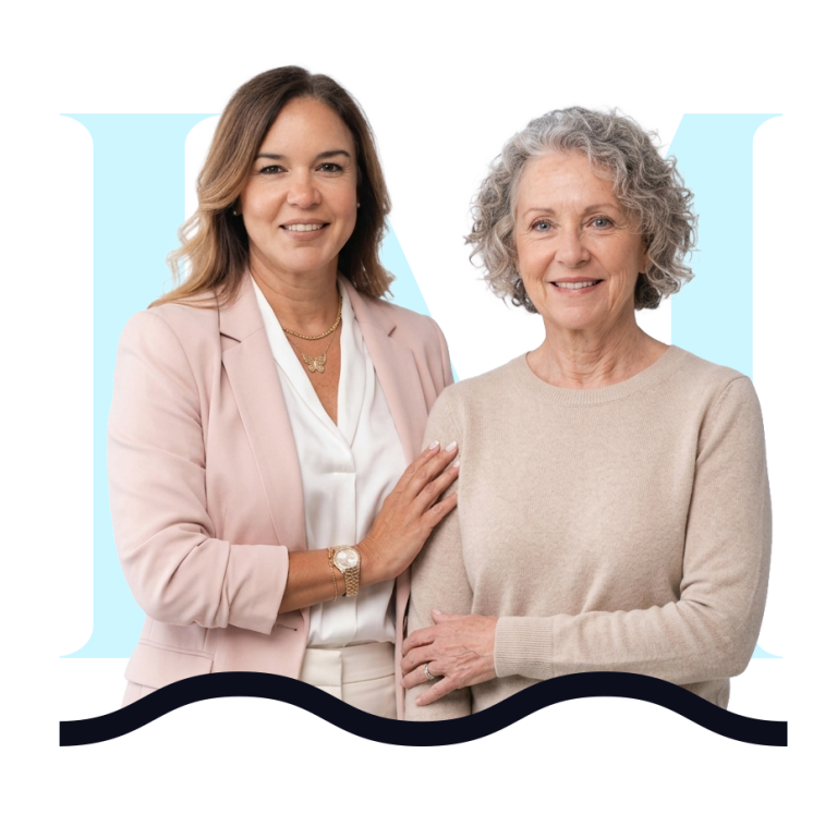 Two women smiling, representing mental health support and care.