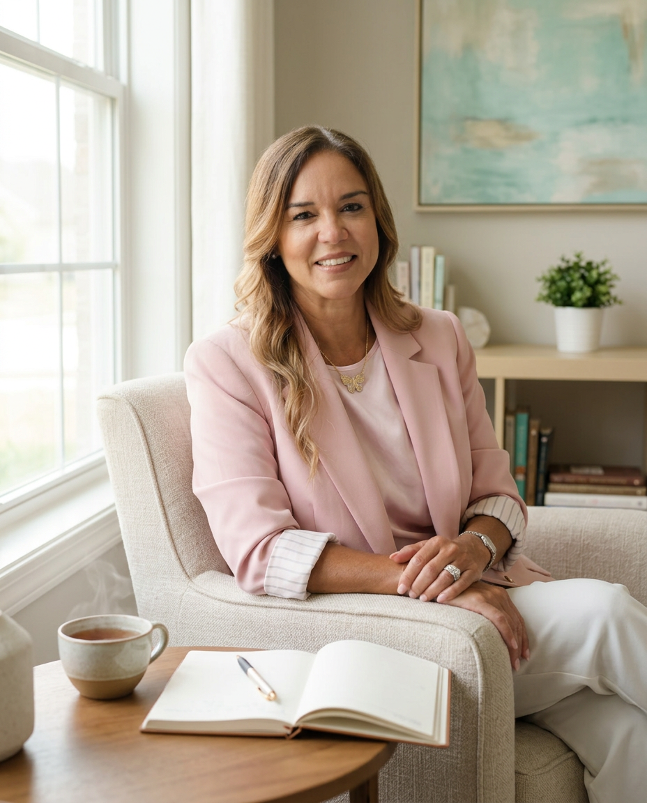 Professional woman smiling in a cozy office setting at LM Behavioral Health.