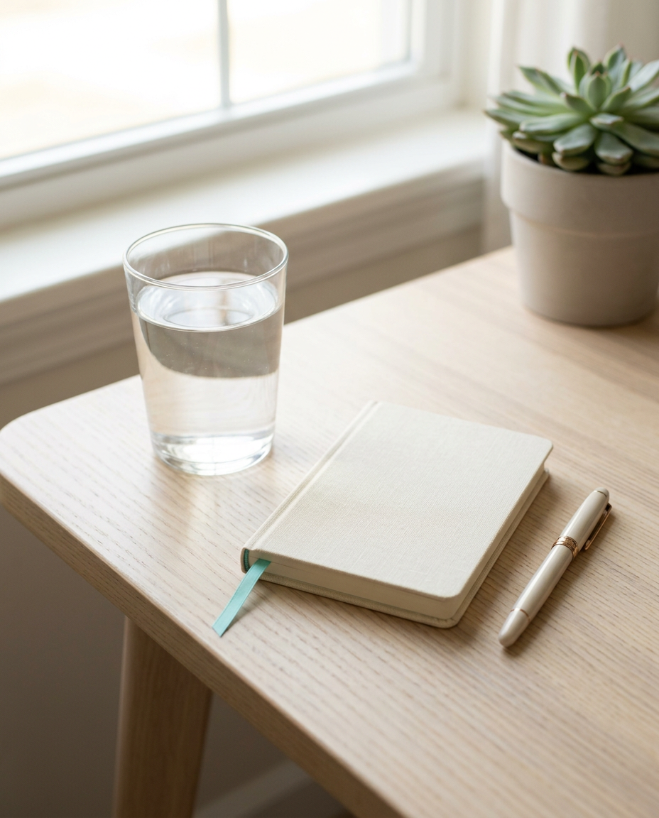 Glass of water, notebook, pen, and plant on a wooden desk by a window.
