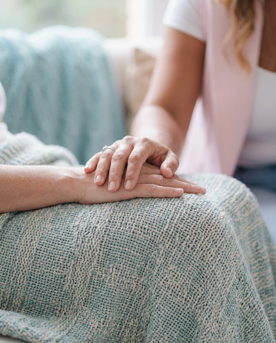 Compassionate caregiver holding patient's hand during therapy session.