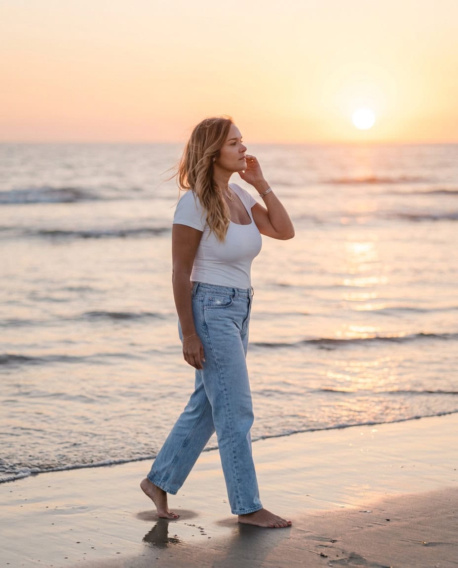 Woman walking on the beach during sunset, enjoying peaceful moment.