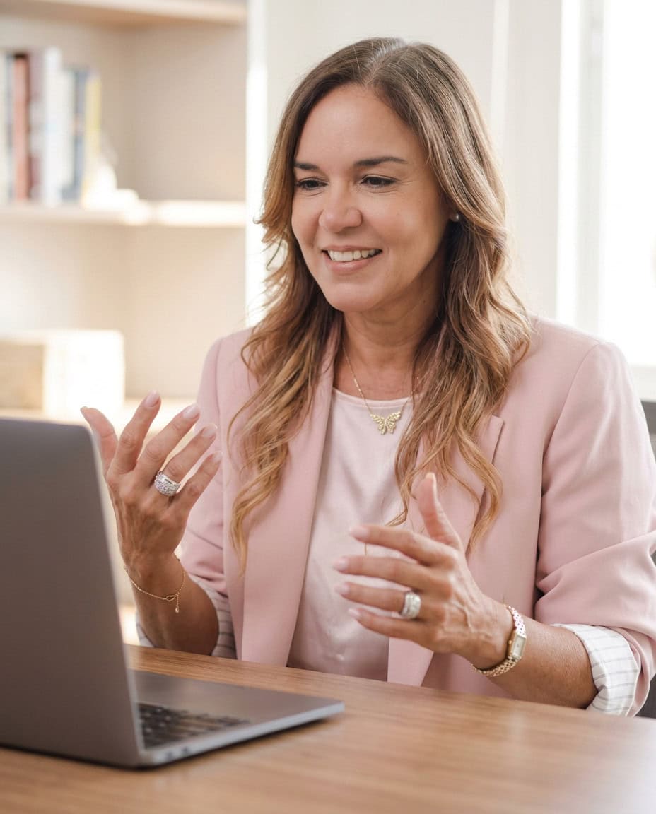 Smiling female therapist engaging in a virtual therapy session via laptop.