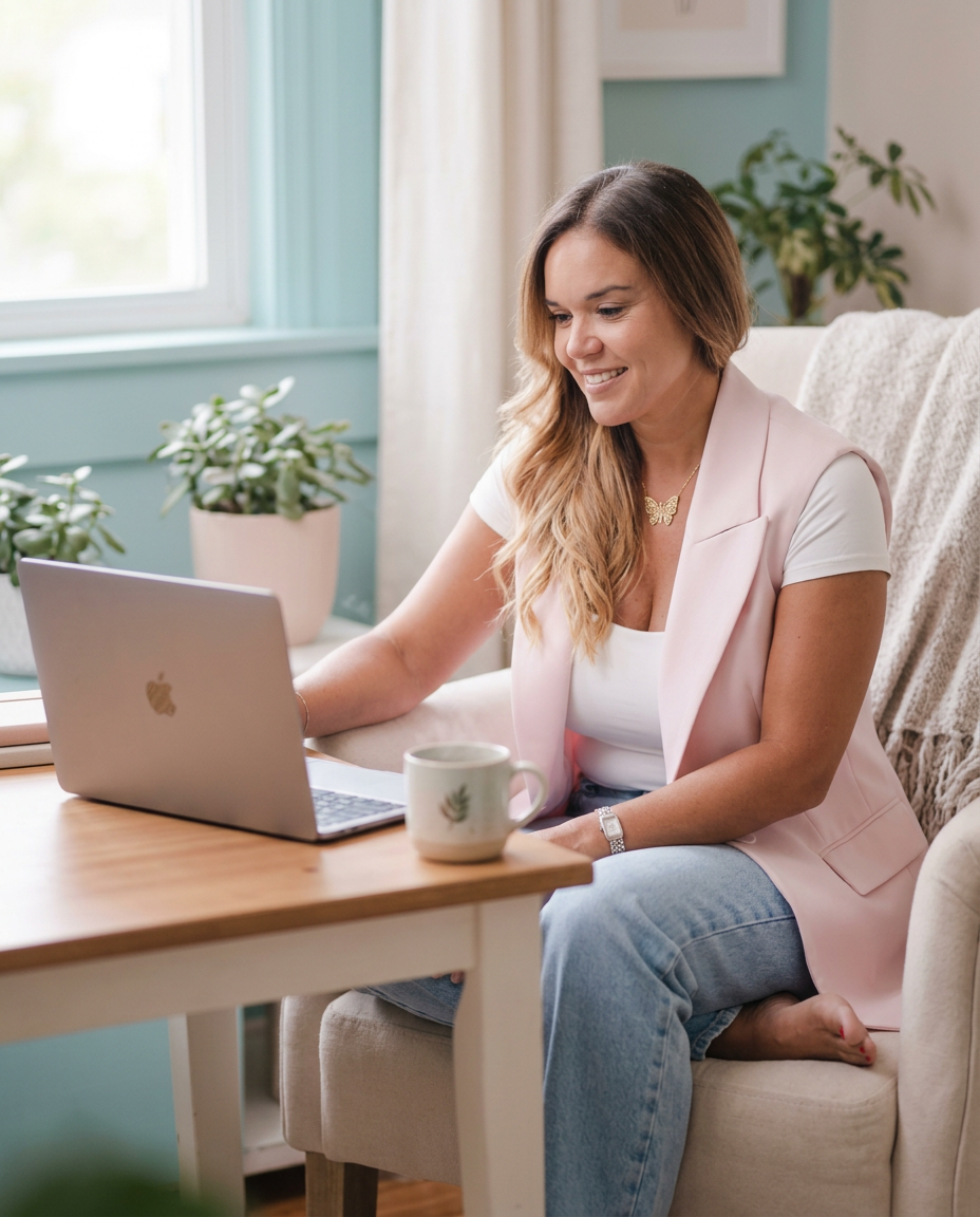 Woman working on a laptop at home for mental health support.