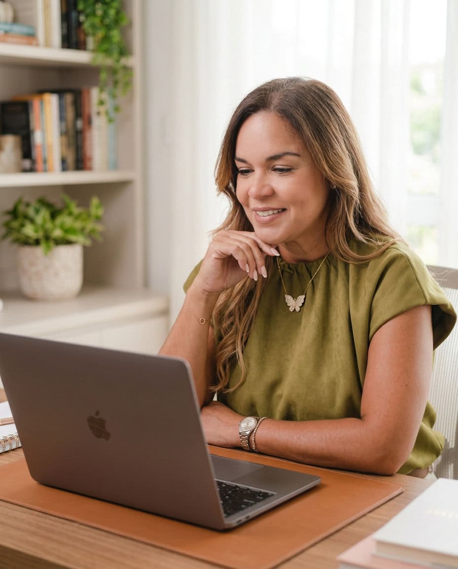 Woman smiling while working on her laptop in a cozy home office.
