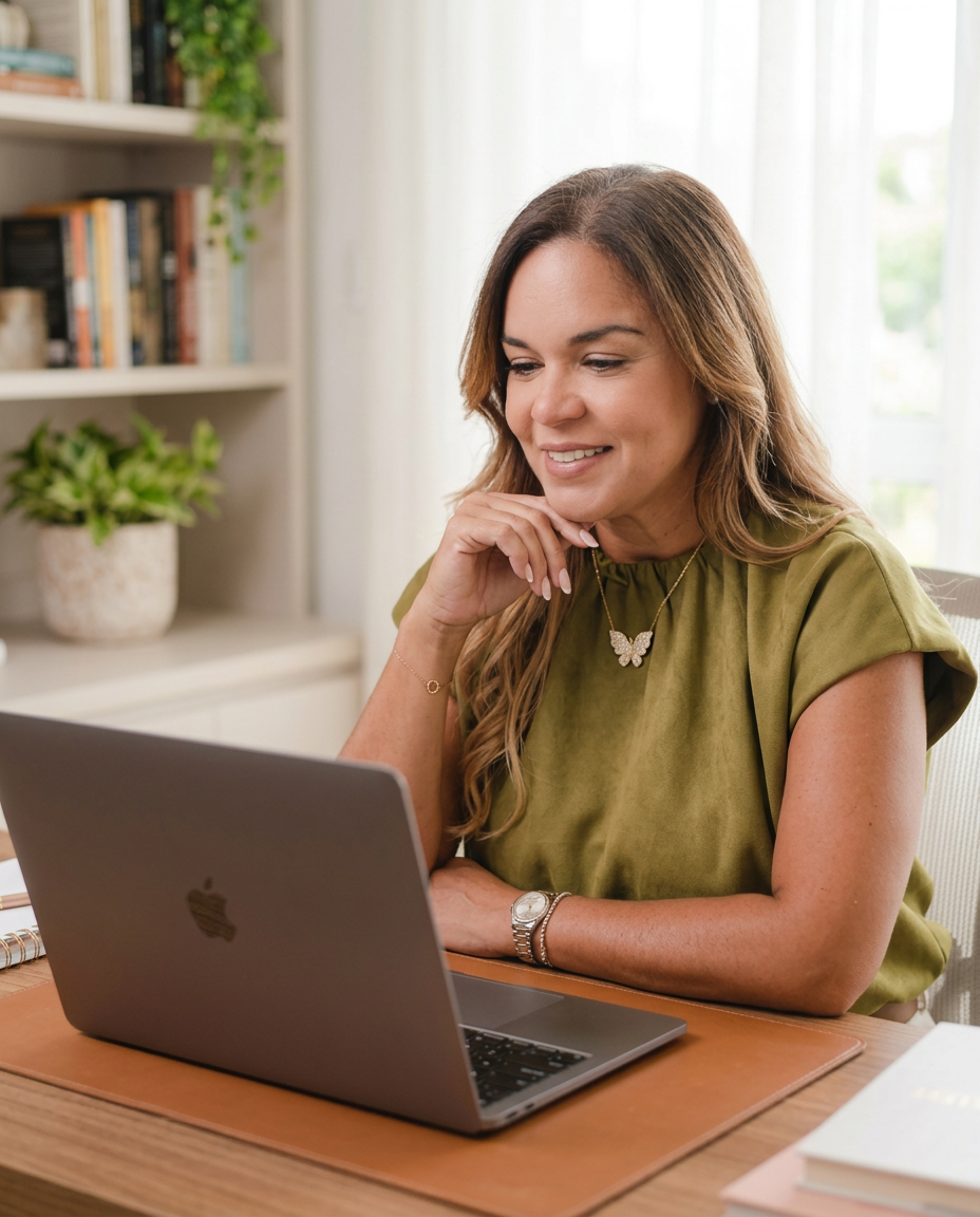 Woman smiling while working on her laptop in a cozy home office.