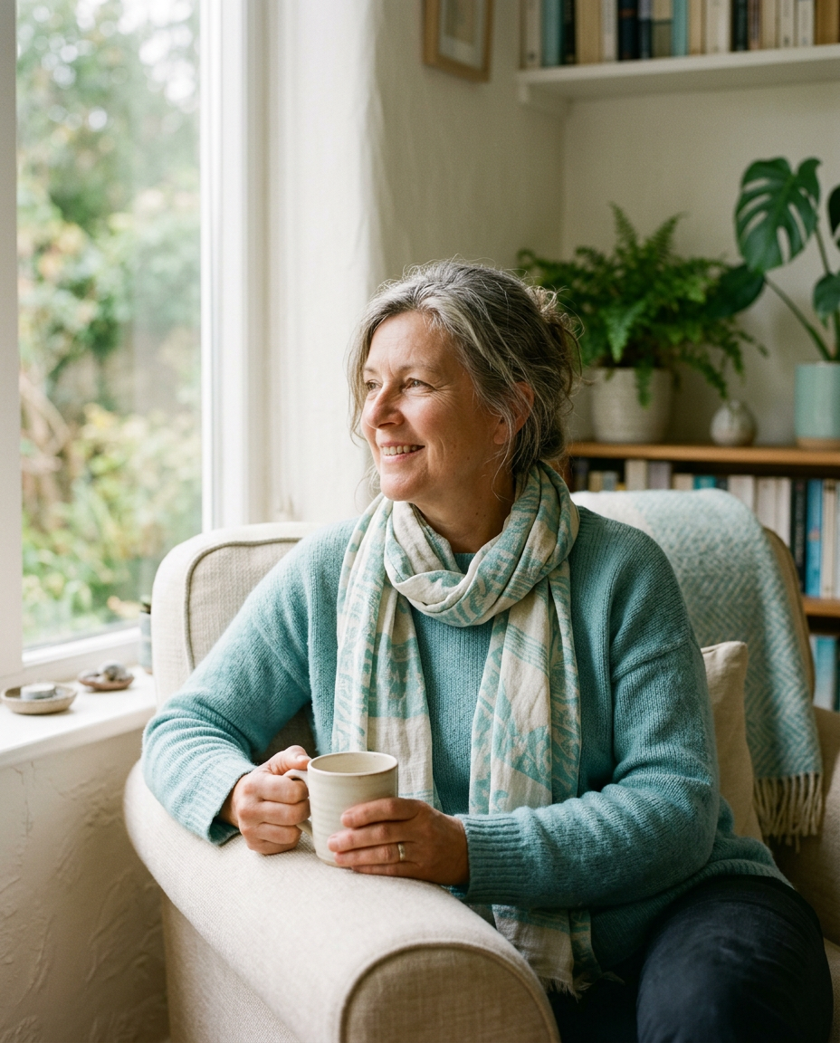 Elderly woman enjoying a peaceful moment with a cup of tea at home.