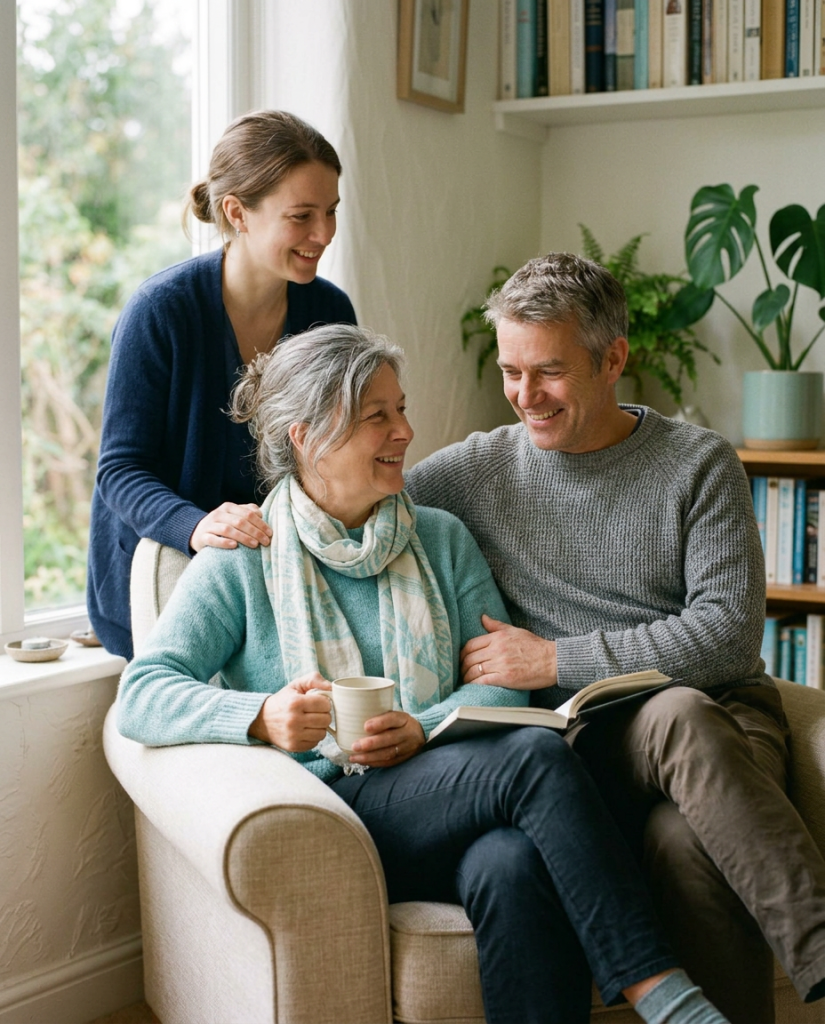 Family enjoying quality time together in a cozy home setting.