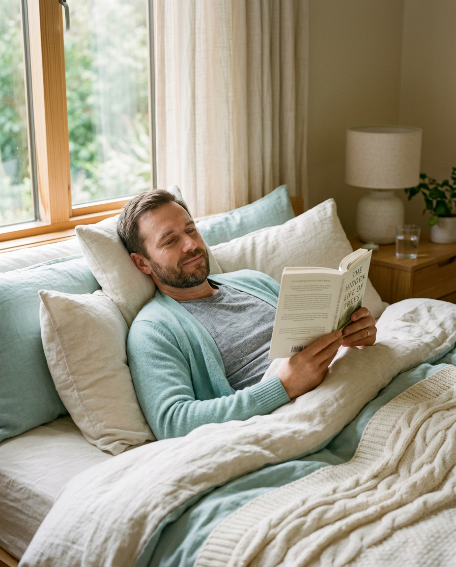 Man relaxing in bed reading a book near a window with natural light.