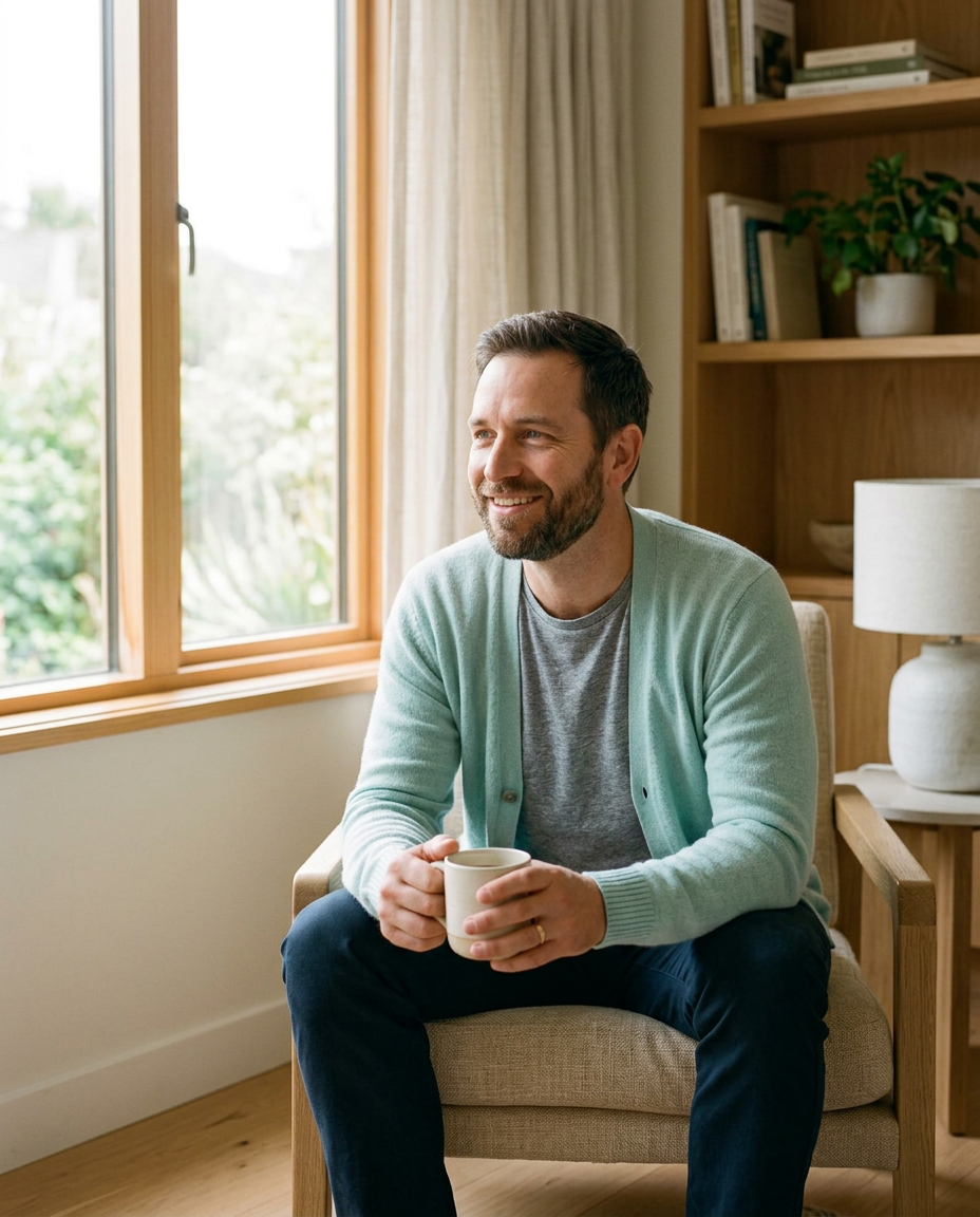 Man enjoying a coffee in a cozy, well-lit room at LM Behavioral Health.